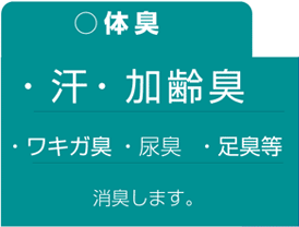 体臭(汗・尿臭・加齢臭・ワキガ臭・足臭等、身体から出る臭い)を消臭します