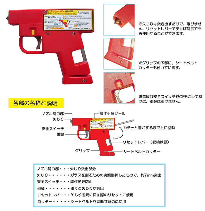 緊急自動車用窓ガラス割り具 レスキューガン TM-0481