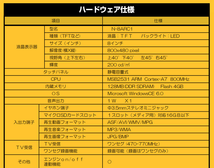 2018年度版ワンセグ8インチバックカメラ付ポータブルナビ N-8ARC1