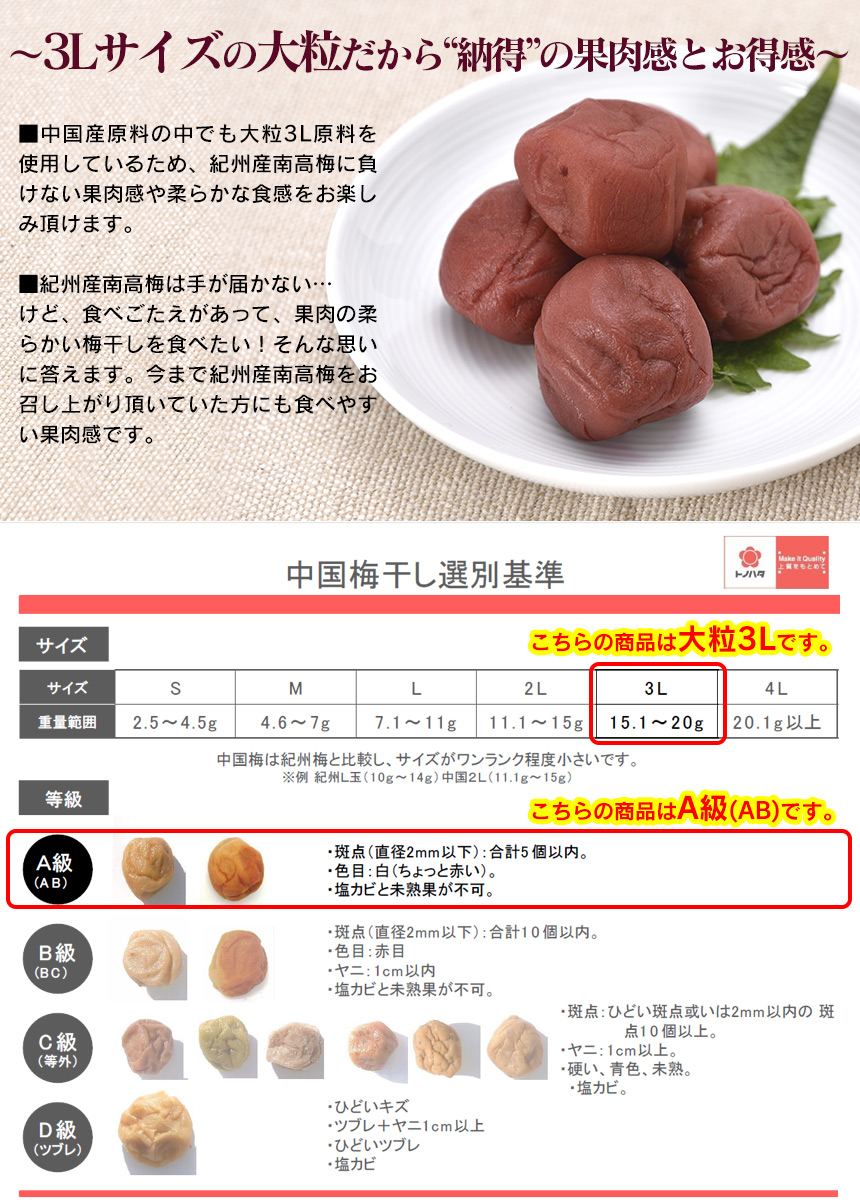 減塩3%中国産3L大粒梅干しそ漬け味 500g【お試し】
