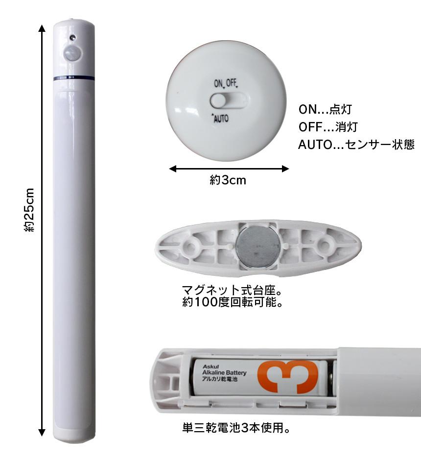 取り外せる乾電池式LED人感センサーライト 3本セット
