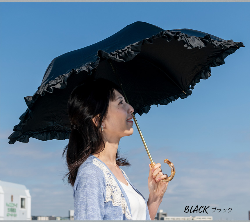 ブラックのフリル日傘をさす女性