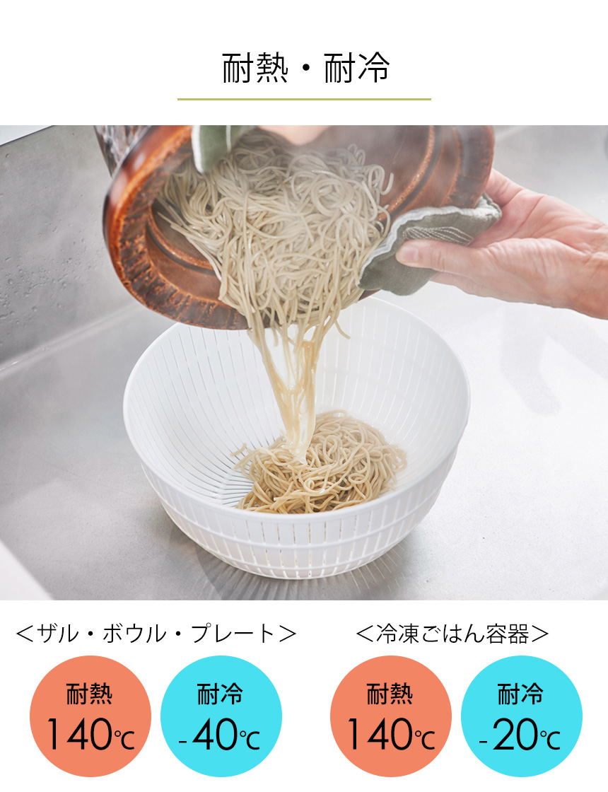 米とぎにも使えるザルとボウル＋プレート＋冷凍ごはん容器3個