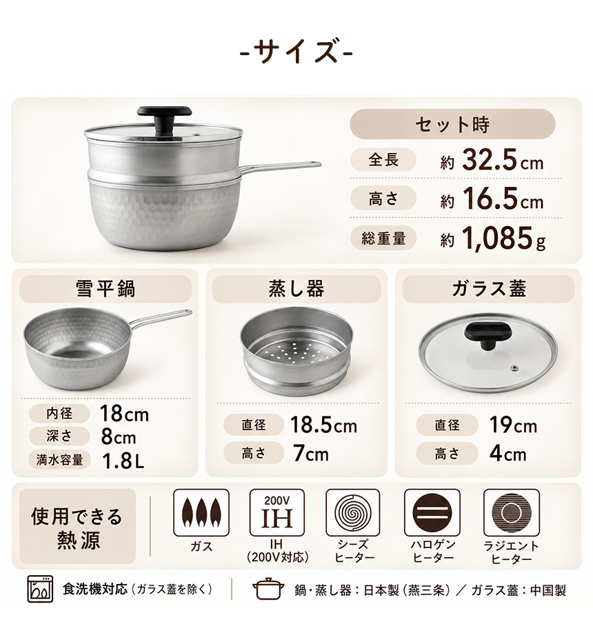 雪平鍋蒸し器3点セット18cm